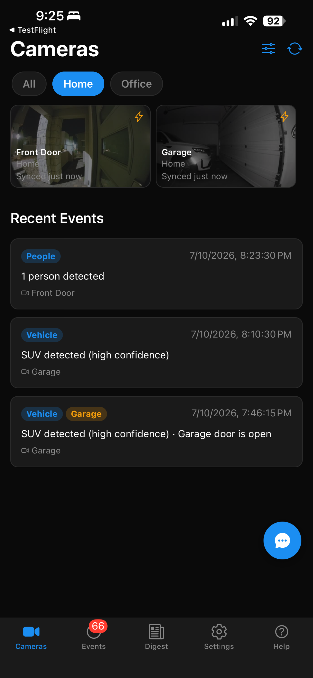 Vision Guardian dashboard showing cameras and recent AI-detected events