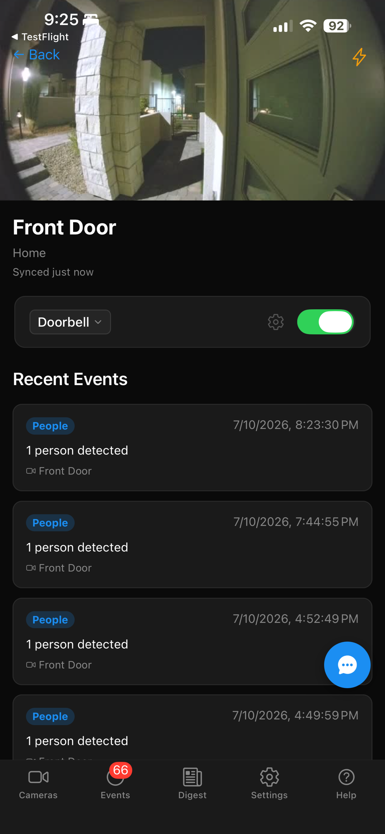 Camera detail screen with on-demand snapshot and event history