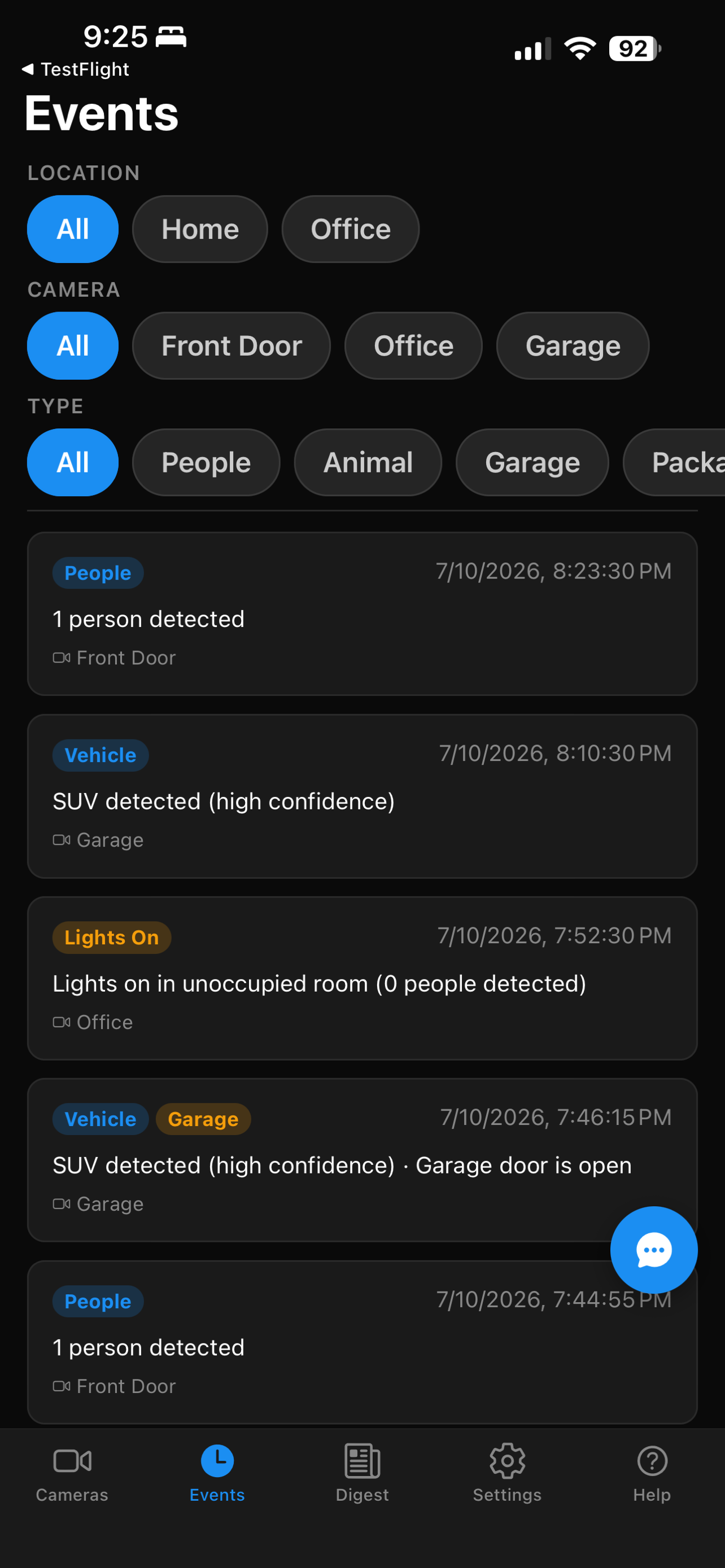 Events screen with filters by location, camera, and detection type